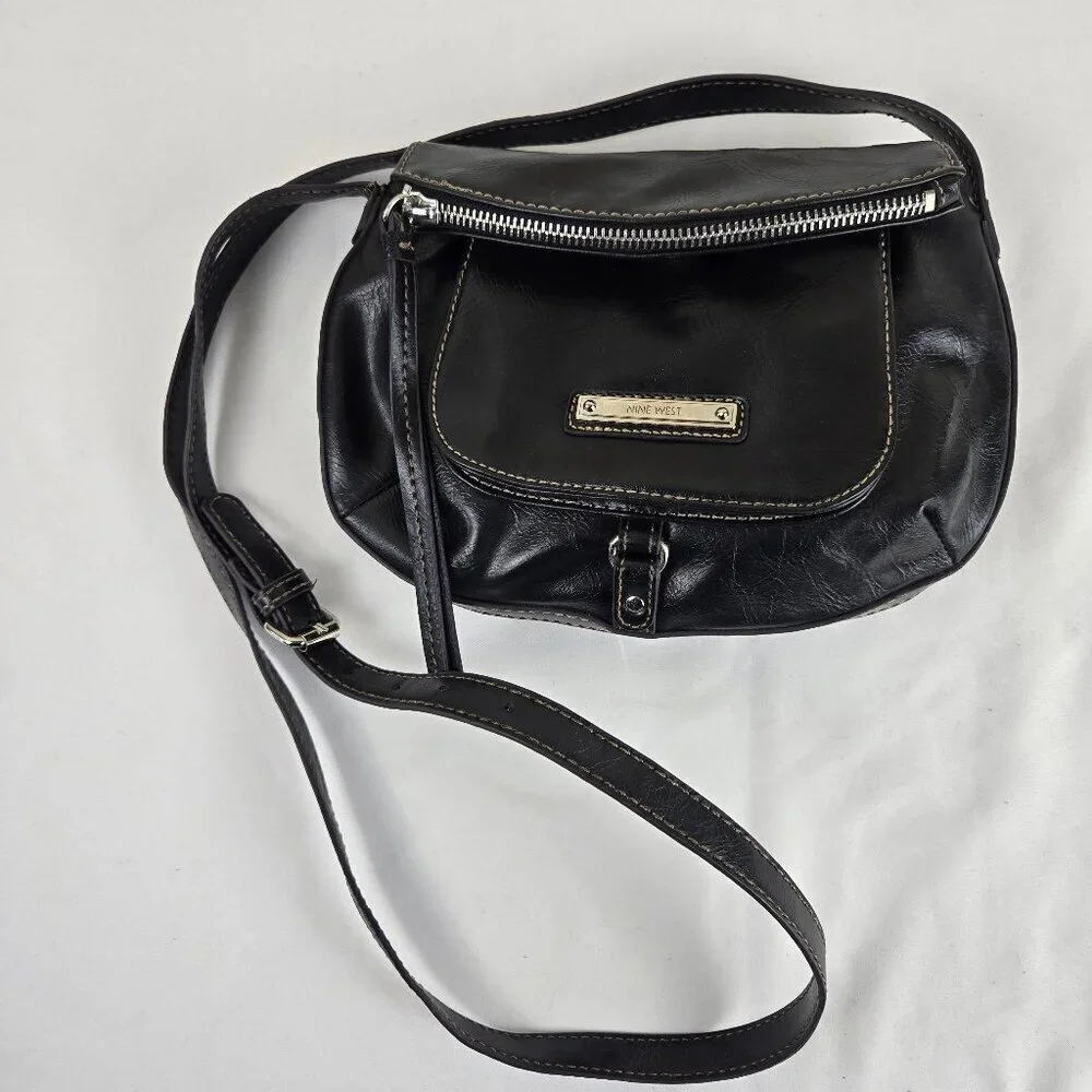 Nine West Black Foldover Crossbody Bag Adustable Long Strap Faux Leather